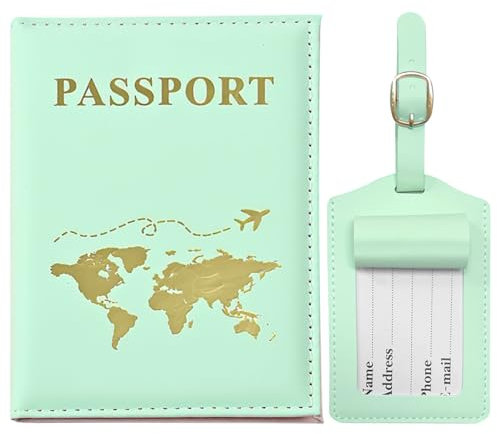 Reisepasshülle, Gepäckanhänger, Reisepasshülle aus PU-Leder, Reisebrieftasche für Reisepass, Ticketkarte, Bordkarten, Kreditkarte, Visitenkarten (Grün)