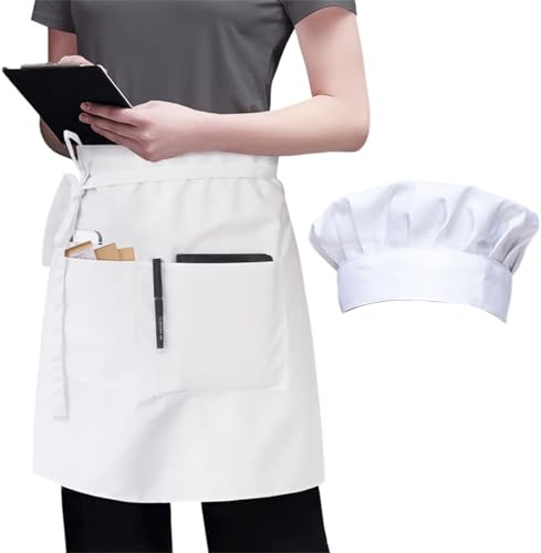 PARFCO Kochmütze Schürze Set, Vorbinder Schürze mit Tasche, Kurz Kellner schürze mit 3 Taschen, Elastisch Kochmütze, für Küchen, Restaurants, Hotels