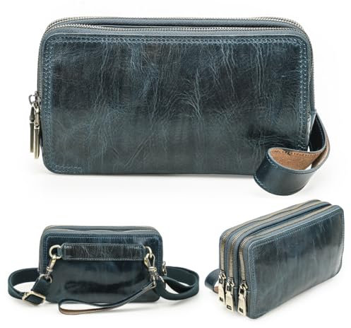 Contacts Pochette in vera pelle con cinturino da polso a 3 ZIp, unisex, piccola borsa a tracolla, pochette, borsa a tracolla per donna/uomo, Blu scuro, Small