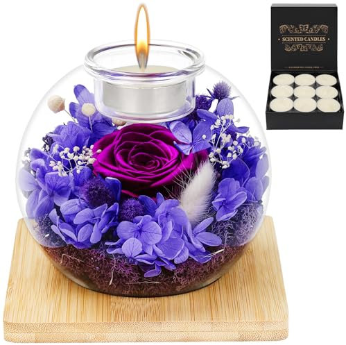 MestectPET Rosa Eterna in Vetro, Set di Rose Stabilizzate e Candele Profumate, Regalo di Compleanno per la Festa della Mamma San Valentino Anniversario Natale per Mamma Fidanzata Moglie Donna (Viola)