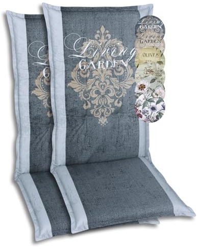 GO-DE Textil Bequeme und attraktive Polsterauflagen für Hochlehner-Gartenstühle (2er-Set, Wappen Living Garden anthrazit, Hochlehner)