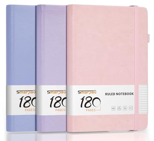 Smarpau A5 Notizbuch 3 Stück, Morandi Lined Journal Notizbücher mit 180 Seiten 100gsm Dickes Papier, Hardcover Leder College Ruled Journals für Frauen Schule Büro Reisen - Rosa Lila Blau