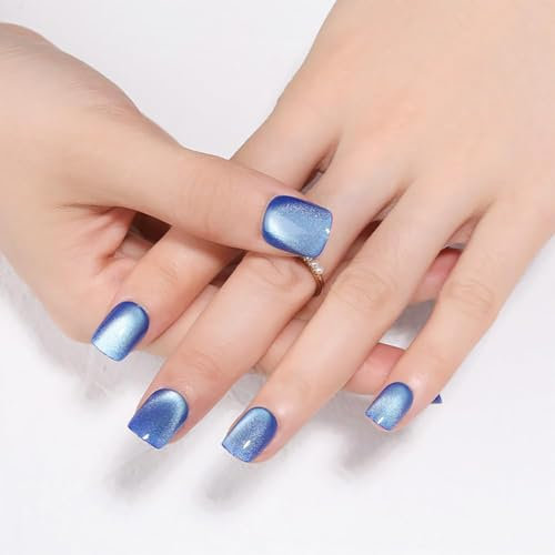 Mrltau 24 PCS Blue Cat Eye Press on Nails, Short Square Press on Nail, Ice Blue Stick-on-Nails
