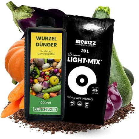 TronicXL 1L Gemüsedünger Konzentrat + 20 Liter Erde Wurzeldünger Wurzelgemüse Wurzel Gemüse Dünger flüssig 1000ml Flüssigdünger 1 Liter Wachstum Wurzelgemüsedünger Möhren Salat Lauch