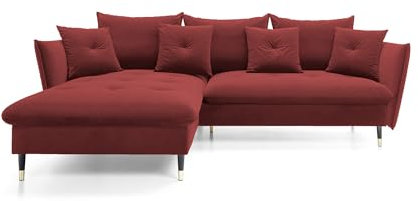 DomoHome Ecksofa Glam mit Schlaffunktion, Freistehend, Ottomane und Goldenen Füßen – Samtsofa im Glamour-Stil für Ihr Wohnzimmer, mit Zierkissen, 258x167x91cm, Linke Seite Burgund