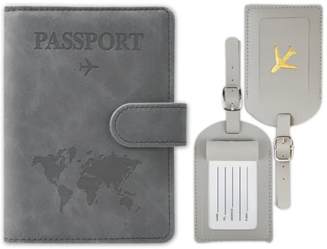 YUNPYCHY Reisepasshülle, Reisepass Organizer, Passport Cover, PU-Leder Reisepasshülle + 2PCS Kofferanhänger, für Damen und Herren Urlaub Zubehör Travel Essentials (Gray)