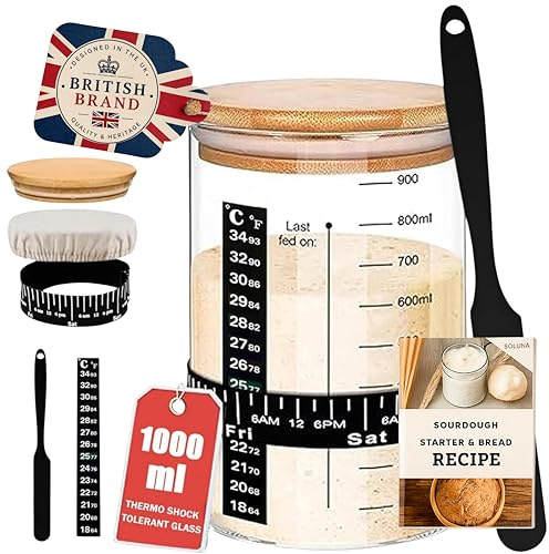 SoLuna. Sauerteig Starter Set Glas 1L/1000ml [Premium aus Borosilikat] - Sauerteig Glas Set mit Datumsband/Thermometer/Spatel/Stoffabdeckung/Deckel/Rezept - Sourdough Starter Kit (Schwarz, 7-teilig)