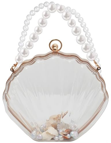 JeVenis Women Pearl Seashell Clutch Acrylic Transparent Chain Bag Purse Summer Beach Evening Bag Shoulder Handbag for Mermaid Under the Sea Coastal Party Supplies