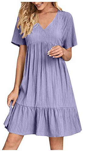 HAOLEI Femme Robe Longue Boheme Chic Ete Manches Courtes Elegant Col V Tunique Robe Ample A-Line Mi-Longue Dress Grande Taille DéContractéE Robes Unie Taille Haute Robes pour Soiree Mariage Plage