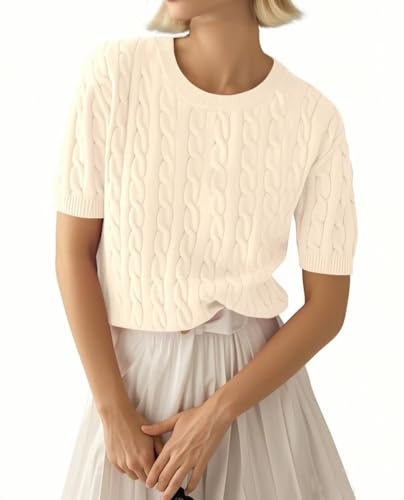 LACOZY Womens Lightweight Short Sleeve Crewneck Sweater Shirts Casual Cable Knit Pullover Tops 2025 Apricot XL