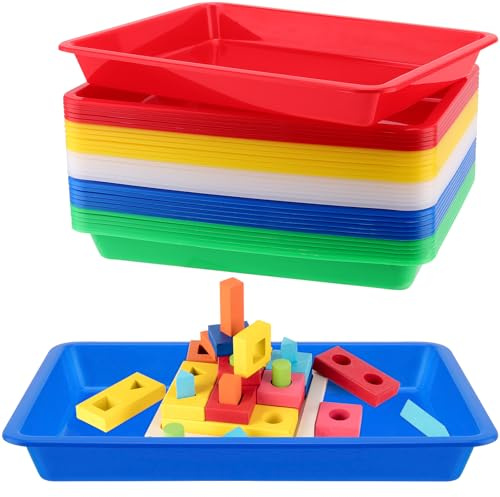 CHUENHEI 15 Stück Plastik Tablett Rechteckig Klein, 27.5x21x3cm Bunt Tablett Kunststoff Rechteckige Materialschalen 5 Farben, Serviertablett Kunststoff für DIY-Projekte, Basteln und Organisation