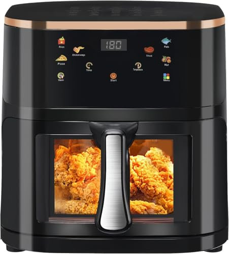 Heißluftfritteuse 9L AirFryer Ohne Öl, Fritteuse mit Led Touch Screen, Sichtfenster, 6 Programmen, Einstellbare Zeit und Temperatur für einfaches Kochen, Spülmaschinenfest, Schwarz