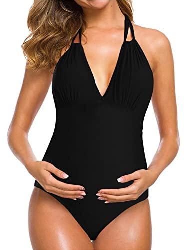Chnnamzu Maillots Une Pièce Maternité,Maillot De Bain Femme Enceinte 1 Pieces Col en V Maillot De Bain Enceintes Bretelles Réglables Bikini avec Coussin De Poitrine Froncé Vetement De Plage