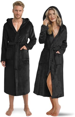 Twinzen Robe de Chambre Femme ou Homme Polaire avec Capuche & Poches - Taille S - Coloris Noir - Microfibre Doux - Certifié OEKO-TEX