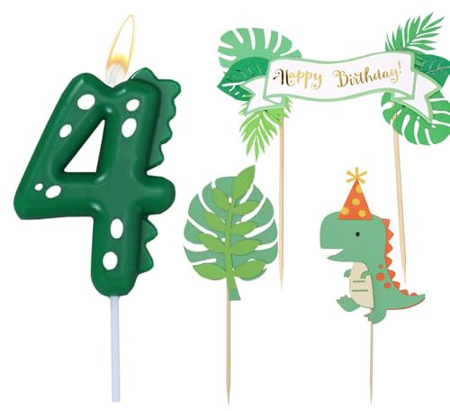 Geburtstagskerzen Zahlen 4, Dinosaurie Kerze 4 Geburtstag mit Tortendeko, Kerze 4, Grün Kerzen Zahlen, Dino Happy Birthday Cake Topper, Dino Geburtstag Deko 4 jahre Baby Party