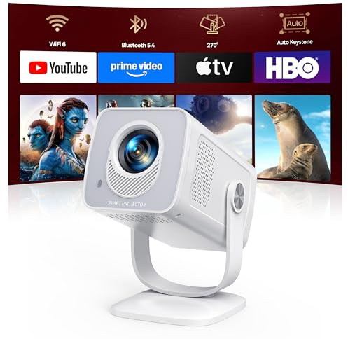 Proyector Portátil【App Integrada & Auto Keystone】 Android 13, Proyector 4K/1080P Soporte Tiro Corto WiFi 6 Bluetooth 5.4 con Rotación de 270°, TOPTRO MiniProyector Cine en Casa Blanco Perla