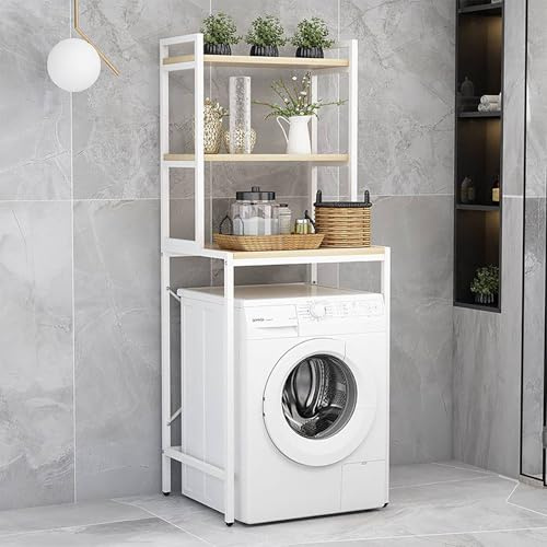 3-stöckiges Aufbewahrungsregal für Waschmaschine, über Toilette, weiß, Badezimmermöbel, Höhe 181 cm, platzsparendes Wäscheraumregal, stilvolle und funktionale Aufbewahrungslösung