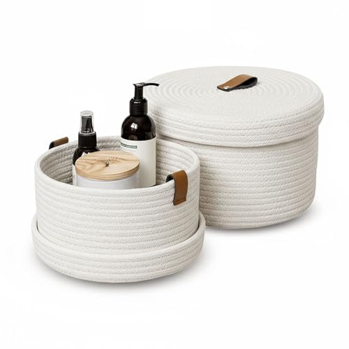 Oriental riverkit Körbe mit Deckel, Gewebter Aufbewahrungskörbe (Weiß) | 2 Stück Aufbewahrungskorb Aus Baumwolle, Waschbarer, Multifunktionaler, Korb Geflochten für Regale, Wohnzimmer und Badezimmer