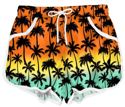 Girls Palm Tree Shorts Gradient Sunrise Sunset Printed Swim Trunk Elastic Waist Water Sports Surfing Beach Shorts 11-12 Years