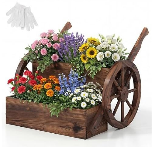 COSTWAY Blumenwagen Holz, Blumenständer mit 2 Rädern & Griffen & Drainagelöchern, Pflanzwagen, 2-stufiger Blumenkasten bis zu 10 kg belastbar, Pflanzenkasten deko für Garten & Balkon, 64x54x50 cm