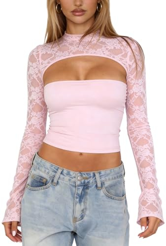 AIEOE Women Lace Long Sleeve Going Out Tops Cutout Sexy Party Club Y2k Sheer Shirt Long Sleeve Lace Cutout Top