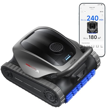 MOVA Diver A10 Robot pulitore per piscine, Aspirazione 22.700 LPH, Autonomia 240 min, Pulizia bordi e Pianificazione percorsi IA, 2x passate livello acqua, Cestello filtro 3,5 l, Programma settimanale