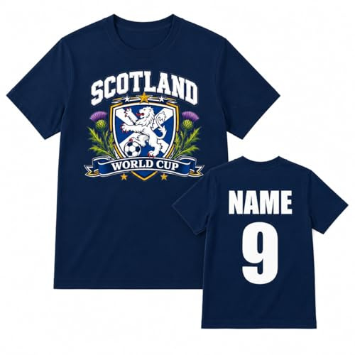 Mens Personalised Scotland Saltire Thistle World Cup T Shirt Custom Name Number Football Fan Tee (UK, Alpha, L, Regular, Regular, Navy Blue)