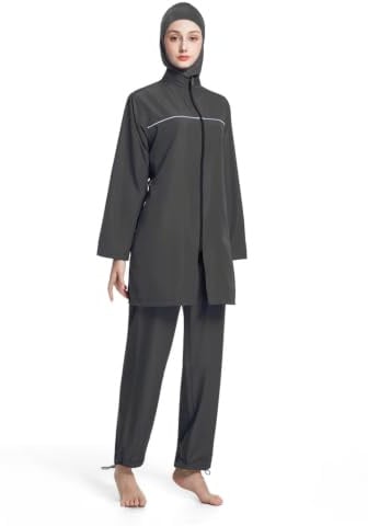 3-delad Burkini muslimska baddräkter för kvinnor, full täckning, långärmad och byxor och hijab främre dragkedja, blygsamma badkläder, M, Svart, L/XL