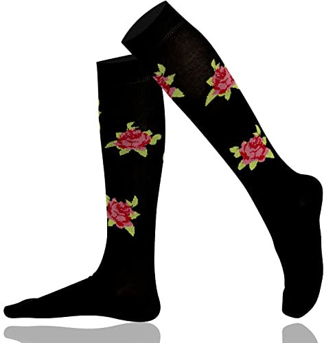 Mysocks Womens and Girls Knee High Flower Socks Black Rose 4-7