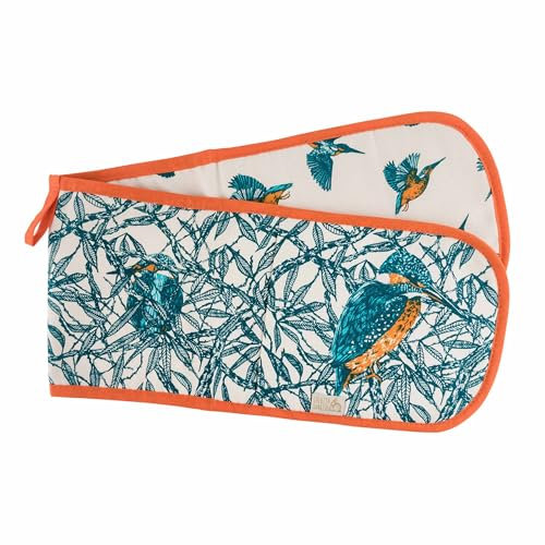 Unbleached Cotton Double Oven Gloves in Kingfisher design