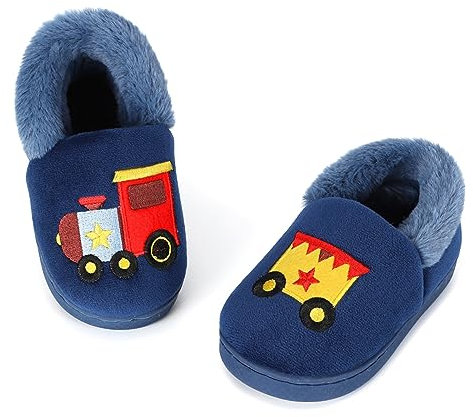 LACOFIA Pantuflas Antideslizante de Invierno para niños Zapatillas de casa de Peluche cálida para niños Tren Azul Marino 26/27 EU
