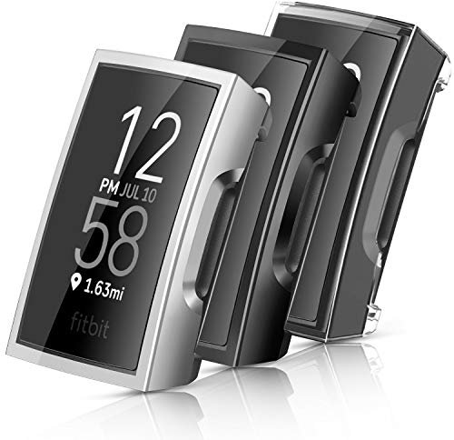 Vancle 3-Pack Case Compatible with Charge 3 and Charge 4 Soft TPU All-Around Cover Anti-Scratch Screen Protector Bumper for Charge 3 Special Edition Smartwatch (03 Black,Silver,Clear)