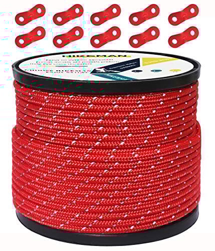50M reflektierende Schnur Guy Seile Outdoor Zelt Führungsseil 100% Nylon Schnur Windlinie mit 10 Stück Aluminiumlegierung Spanner für Camping (red, Diameter 4 mm)
