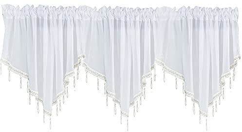 ANCLLO 3 Panels White Crushed Texture Sheer Voile Beaded Rod Pocket Curtain Valance 130 x 60cm