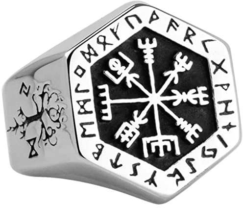 YABEME Viking Edelstahl Vegvisir Pirate Kompass Ringe, Nordische Männer Skandinavischer Baum des Lebens Amulett Schmuck, Wikinger Bart Perlen Geschenk