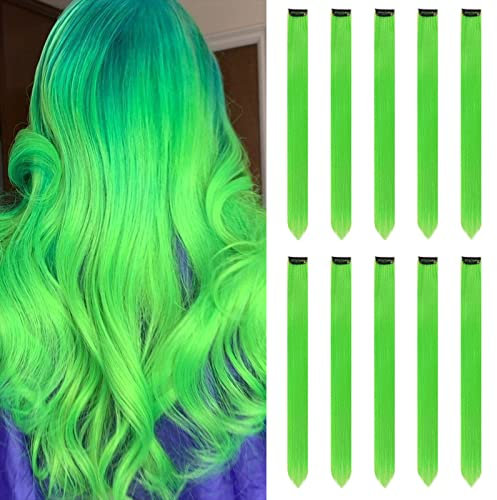 Farbige Haarverlängerungen Clip In Für Mädchen 22 Zoll Bunte Gerade Haarverlängerungen Für Party Highlights Haar Zubehör Haarteile Für Kinder Frauen(10 PCS Grün)