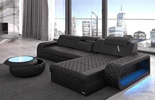 Sofa Berlin L Form Ecksofa Leder mit LED Licht Ledersofa Ottomane Couch mit Kopfstützen (Ottomane rechts, Black)