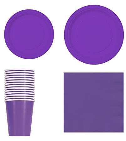 Trimming Shop 70pcs Disposable Party Tableware Set, 7 Round Plates 20pcs, 9 Plates 16pcs, 9oz Cups 14pcs, Napkins 20pcs for BBQs, Weddings, Birthday, Anniversary, Kids Party Supplies, Neon Purple