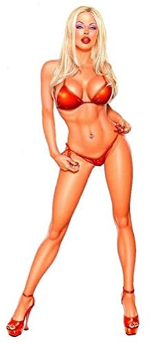 Aufkleber Pin Up Blond Sexy im Badeanzug, rot, 15 x 6 cm, selbstklebend