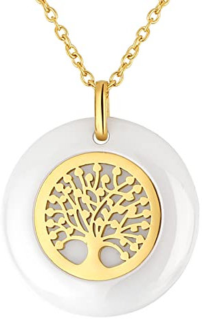 JewelryWe Lebensbaum Anhänger Halskette Damen: Gold Edelstahl Elegant Baum des Lebens Rund Kreis Anhänger Kette mit Weiß Keramik Schmuck Geschenk für Frau Freundin Mutter