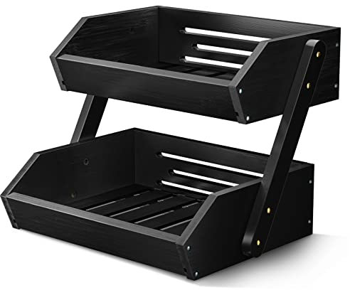 G.a HOMEFAVOR 2-Tier Bamboo Fruit Basket Bowl Holder, Bread Vegetables Storage Stand for Kitchen Countertop, Snacks Rack in Home Kitchen and Office, Black