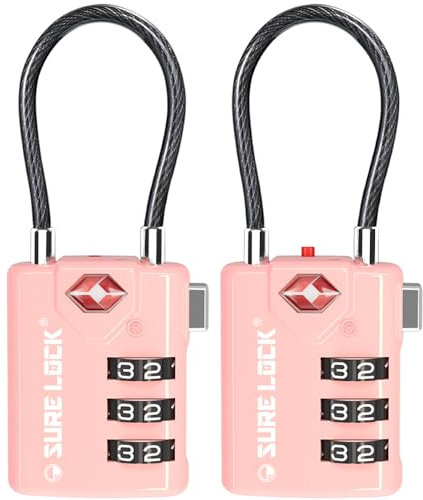 SURE LOCK TSA Compatible Travel Luggage Locks, Inspection Indicator, Easy Read Dials TSA Approved with Zinc Alloy, Pink 2 Pack, Earnest