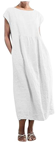 KUIH Leinenkleid Damen Sommerkleid Cap Sleeves Rund-Ausschnitt Freizeitkleid Kurzarm Einfarbig Figurbetont Strandkleider Lässiges Vintage Retro Midilang Figurbetont Große Größe