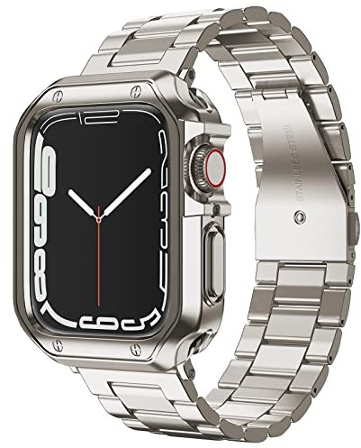 Designed for Apple Watch Band and Case, Stainless Steel Metal Chain with TPU Cover, Smart-Watch Link Bracelet Strap, Wrist-Band for i-Watch Series 9 8 7 6 5 4 3 2 1 SE, 41mm 40mm 38mm, Starlight