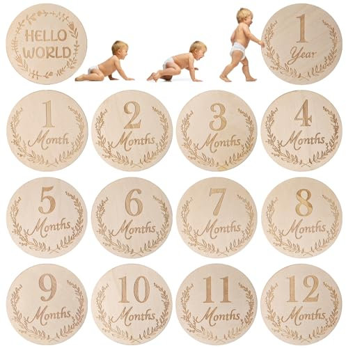 DBREAKS 14 Stück Meilensteinkarten Baby Holz, Baby Meilenstein Scheiben für Foto Requisiten, 12 Monatliche Babykarten, Babyparty, Geschenk für Schwangere, Babys und werdende Eltern