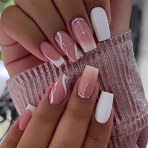 24pcs Short Coffin Press on Nails - French White Tip Stick-on False Nails in Nude Pink With Removable Glue - Full Cover for Women and Girls