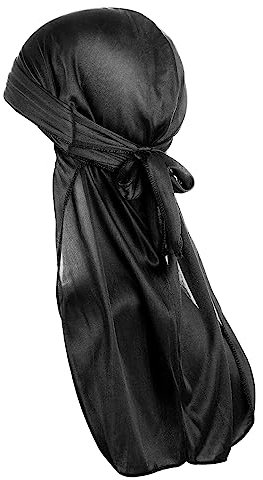 WLLHYF Silky Durag Herren-Seidenhaube, 360 Wellen, ultraweiche Wellenkappe, Premium-Satin-Durags, extra Langer Schwanz, Schwarz