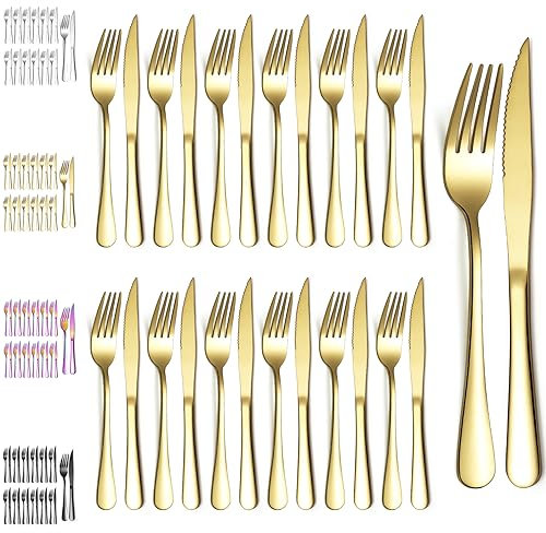 Evanda Ensemble de couteaux à steak en or 24 pièces, placage de titane doré en acier inoxydable 12 fourchettes et 12 couteaux à dîner, couteaux à steak fourchettes à steak