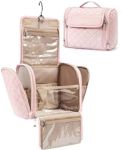BAGSMART Makeup Bag for Women with Hanging Hook, Large Portable Capacity Water-resistant Organizer Travel Case for Toiletries and Cosmetics, Pink