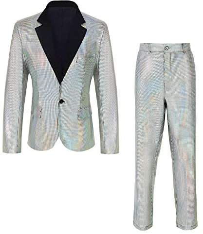 IWQBQ Herren 70er Jahre Disco Anzug 2 Stück Set Glänzend Slim Fit Party Outfit Pailletten Jacke, Z2981wh, 4XL